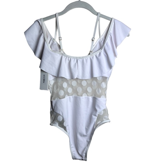 Aura White One Piece Swimsuit Sheer Panels Polka Dots Off Shoulder Size Small - Picture 3 of 11